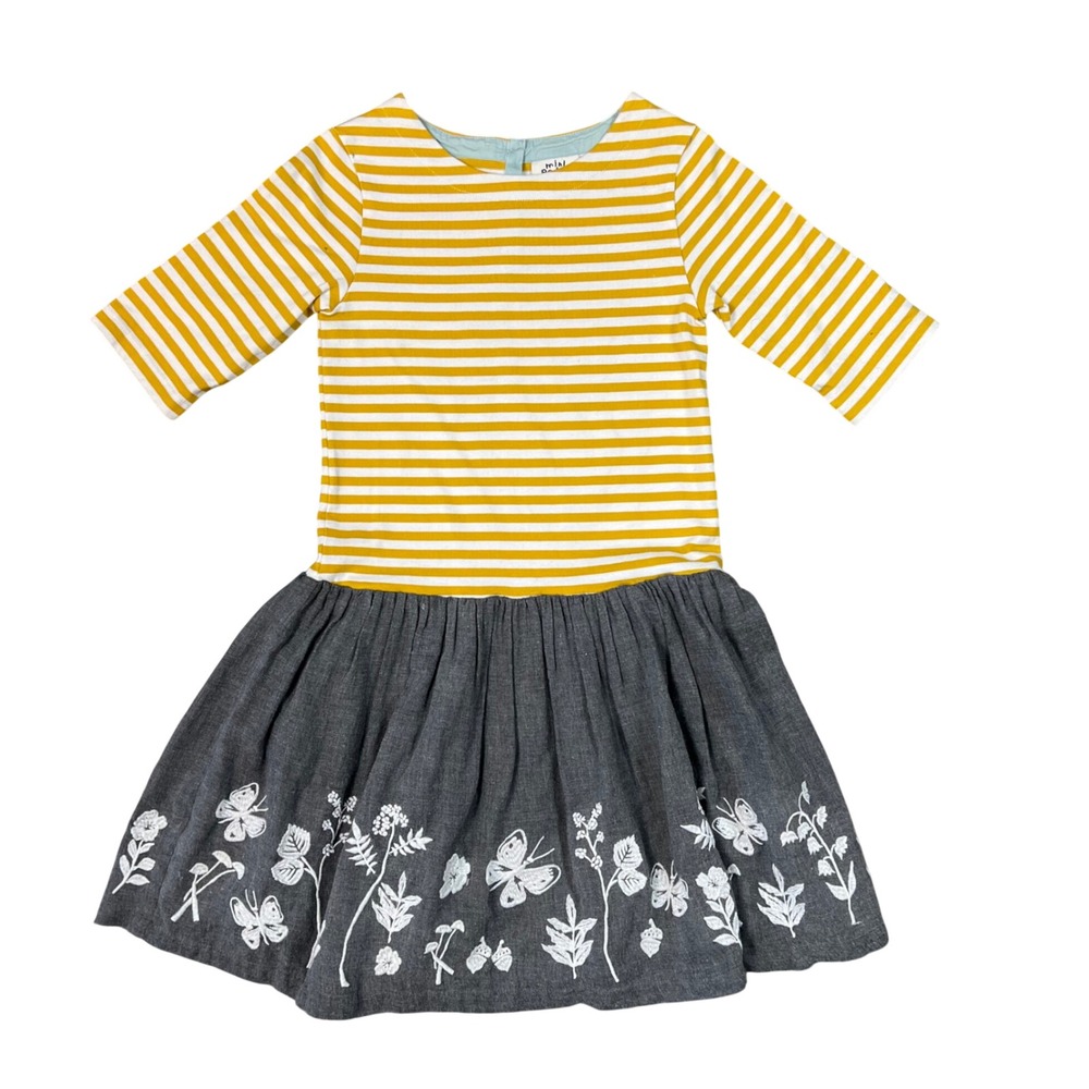 Mini Boden Girls Yellow Striped Embroidered Butterfly Floral Dress 9-10Y Grey